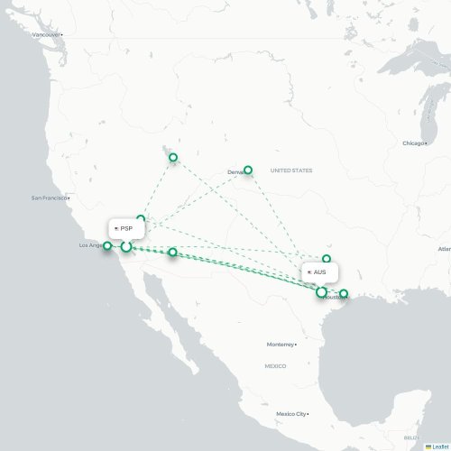 Mapa lotu bezpośredniego Palm Springs – Austin