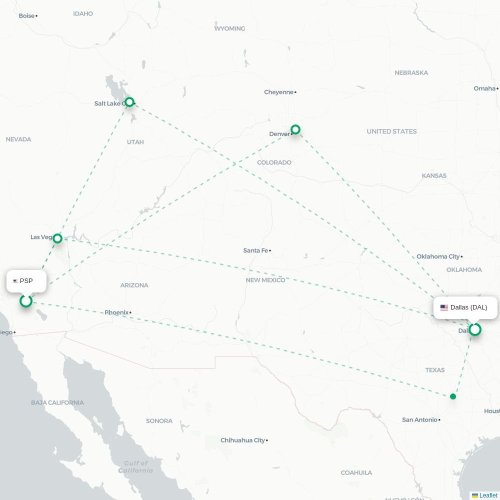 Mapa lotu bezpośredniego Palm Springs – Dallas