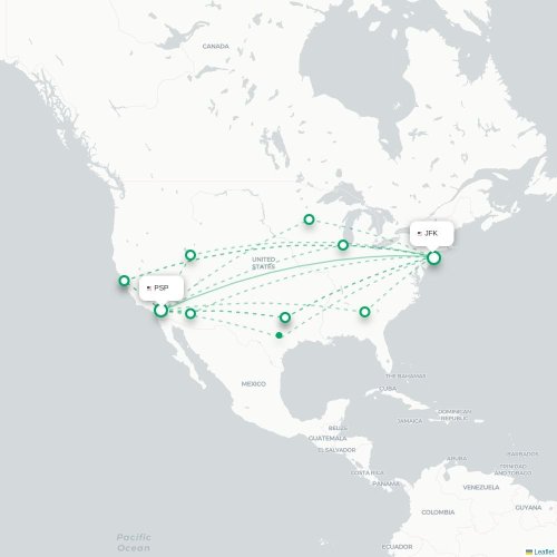 Mapa de vuelo directo Palm Springs - Nueva York