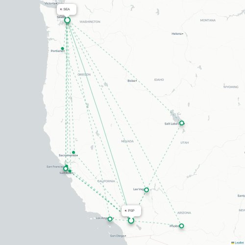 Mapa lotu bezpośredniego Palm Springs – Seattle