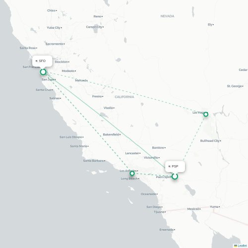 Mapa lotu bezpośredniego Palm Springs – San Francisco