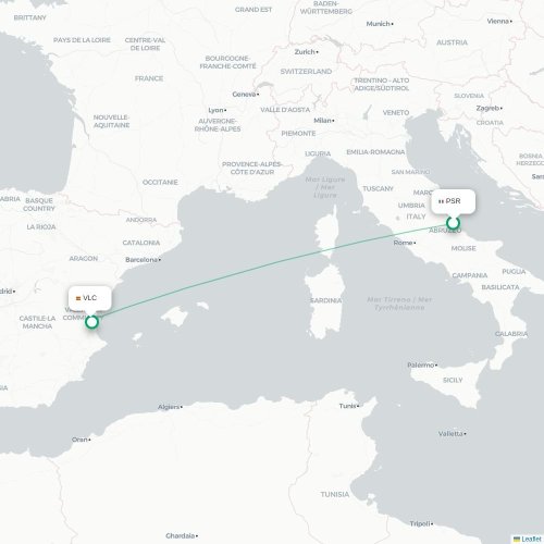 Mapa de vuelo directo Pescara - Valencia