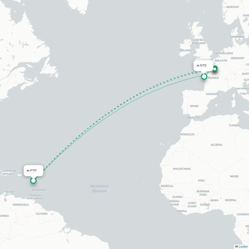 Mapa de vuelo directo Pointe-à-Pitre - Nantes