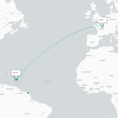 Mapa de vuelo directo Pointe-à-Pitre - París