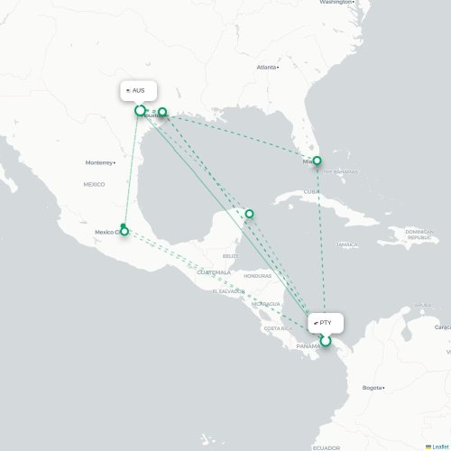 Mapa de vuelo directo Ciudad de Panamá - Austin