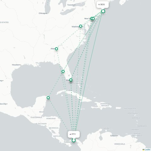 Mapa de vuelo directo Ciudad de Panamá - Boston