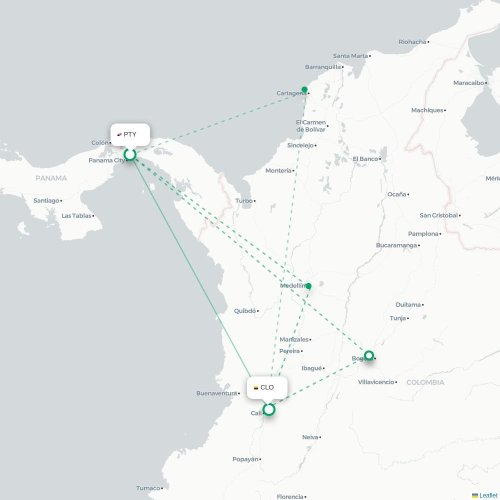 Mapa de vuelo directo Ciudad de Panamá - Santiago de Cali