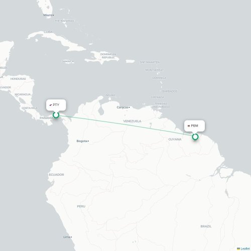 Mapa de vuelo directo Ciudad de Panamá - Paramaribo