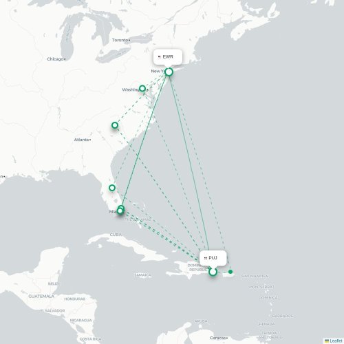 Mapa lotu bezpośredniego Punta Cana – Newark