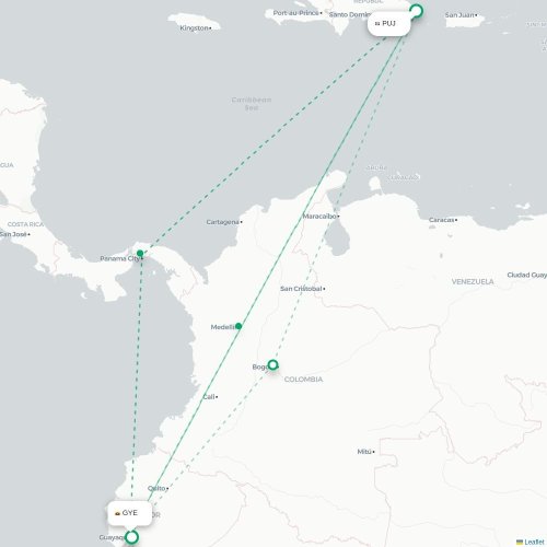 Mapa de vuelo directo Punta Cana - Guayaquil