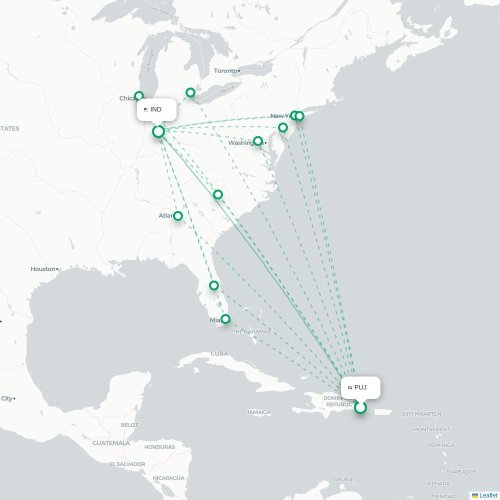 Mapa lotu bezpośredniego Punta Cana – Indianapolis