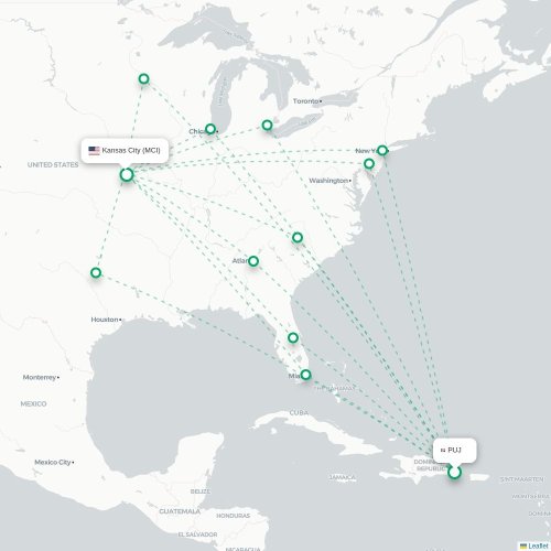 Mapa lotu bezpośredniego Punta Cana – Kansas City