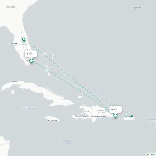 Mapa de vuelo directo Punta Cana - Miami