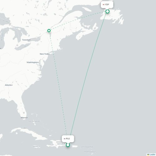 Mapa de vuelo directo Punta Cana - Deer Lake