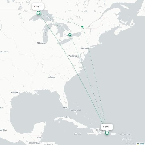 Mapa lotu bezpośredniego Punta Cana – Thunder Bay