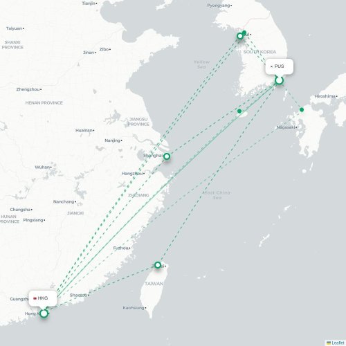 Mapa lotu bezpośredniego Pusan – Hongkong