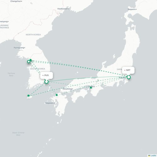 Mapa lotu bezpośredniego Pusan – Tokio