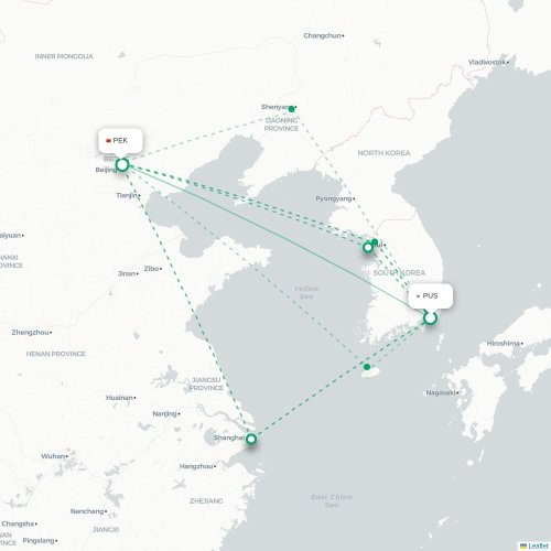 Mapa lotu bezpośredniego Pusan – Pekin