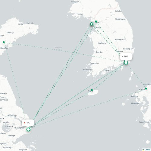 Mapa lotu bezpośredniego Pusan – Szanghaj