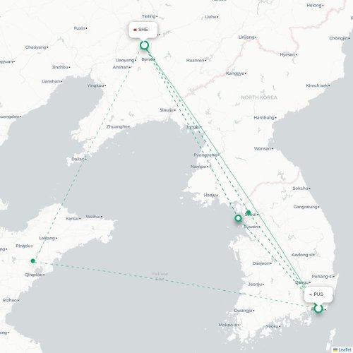 Mapa lotu bezpośredniego Pusan – Shenyang