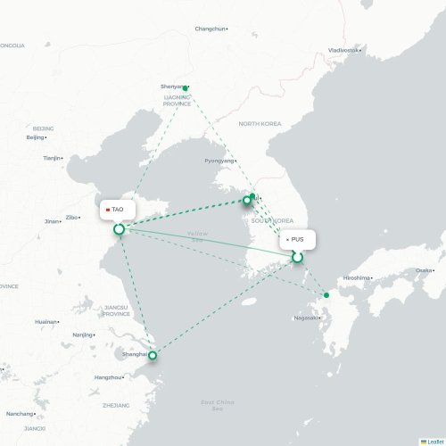 Mapa lotu bezpośredniego Pusan – Qingdao