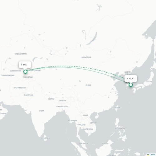Mapa lotu bezpośredniego Pusan – Taszkent
