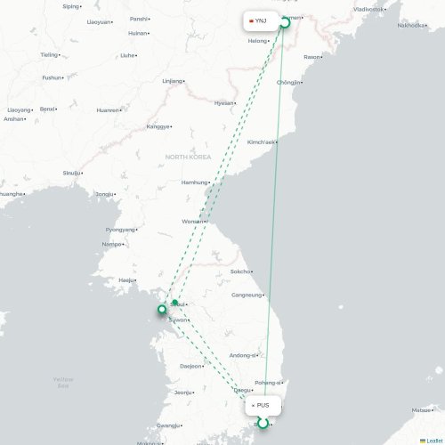 Mapa lotu bezpośredniego Pusan – Yanbian