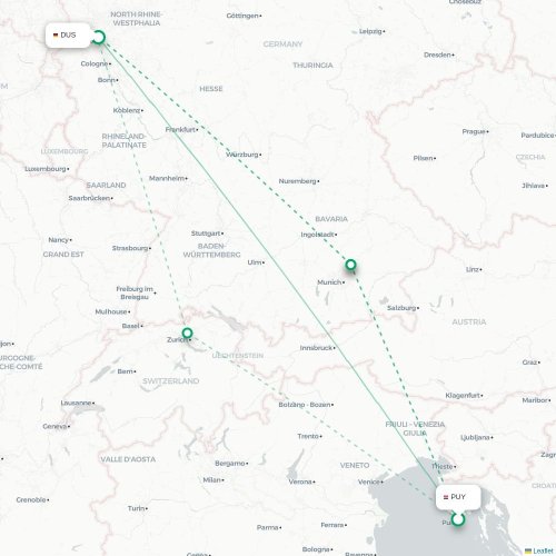 Pula - Düsseldorf kaart van rechtstreekse vlucht