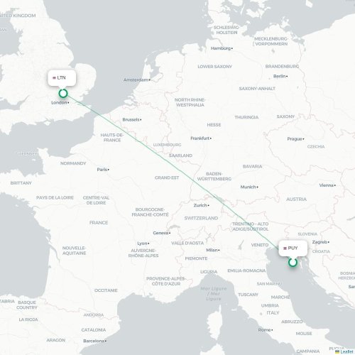 Mapa lotu bezpośredniego Pula – Londyn