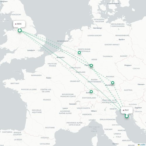Mapa lotu bezpośredniego Pula – Manchester