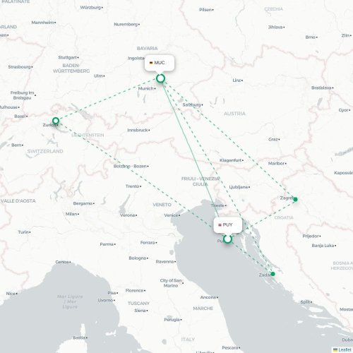 Pula - München kaart van rechtstreekse vlucht