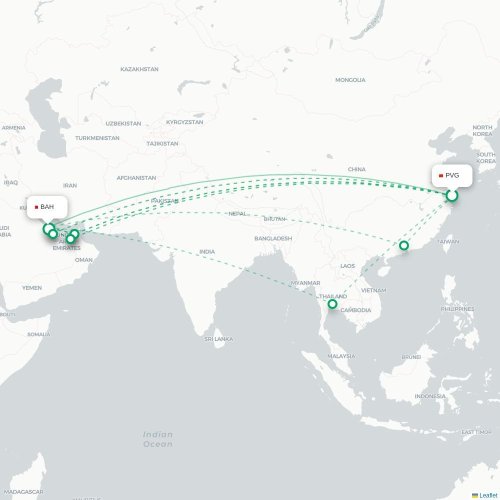 Mapa de vuelo directo Shangai - Manama