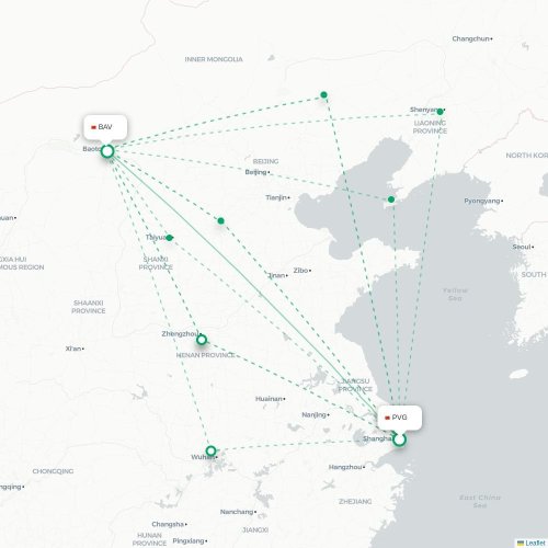 Mapa de vuelo directo Shangai - Baotou