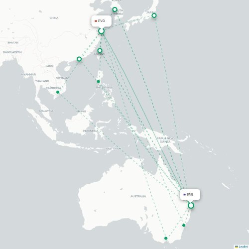Mapa lotu bezpośredniego Szanghaj – Brisbane