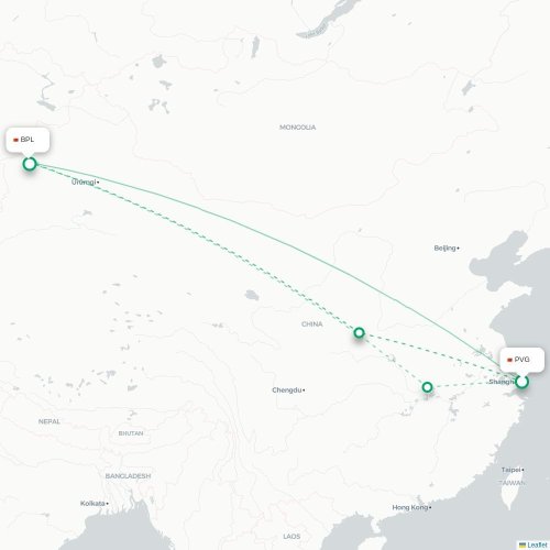 Mapa lotu bezpośredniego Szanghaj – Bortala