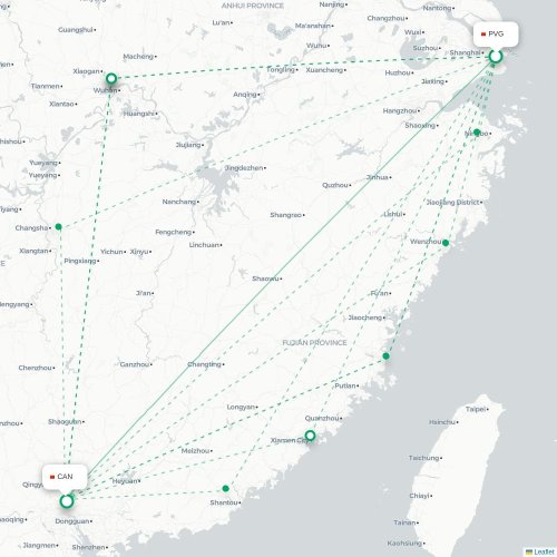 Mapa lotu bezpośredniego Szanghaj – Kanton