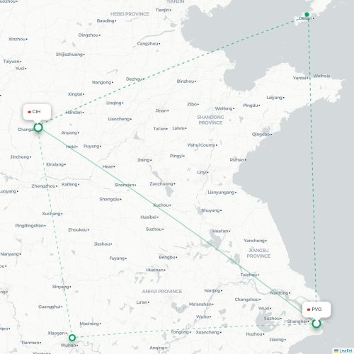 Mapa lotu bezpośredniego Szanghaj – Changzhi