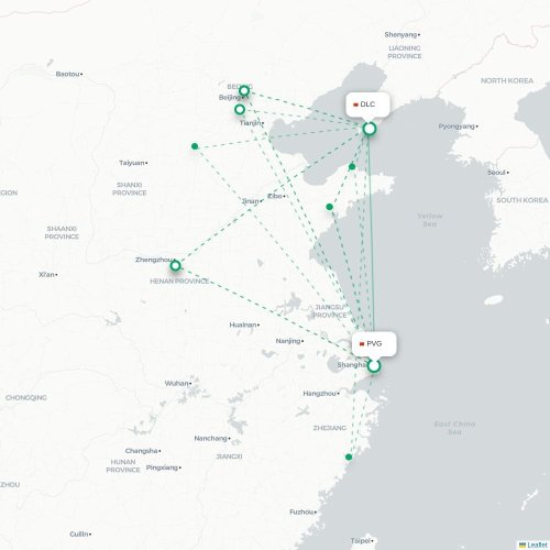 Mapa lotu bezpośredniego Szanghaj – Dalian