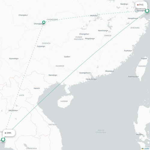 Mapa lotu bezpośredniego Szanghaj – Bangkok
