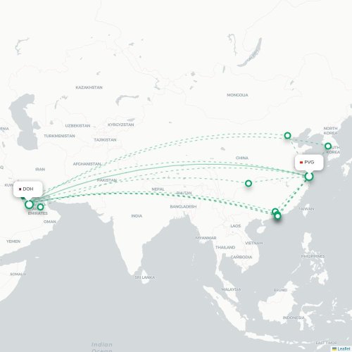 Mapa lotu bezpośredniego Szanghaj – Ad-Dauha