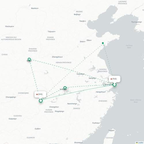 Mapa lotu bezpośredniego Szanghaj – Zhangjiajie