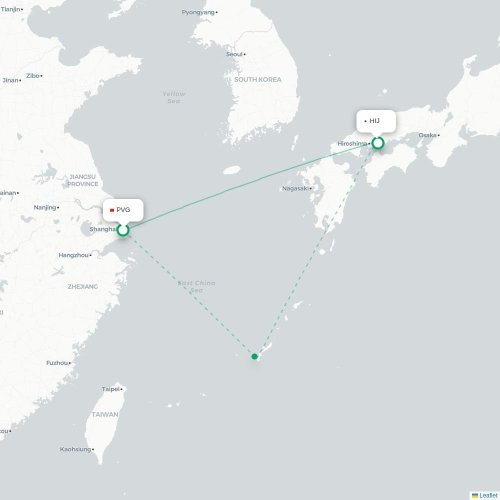 Mapa lotu bezpośredniego Szanghaj – Hiroszima