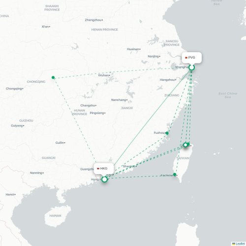Mapa lotu bezpośredniego Szanghaj – Hongkong