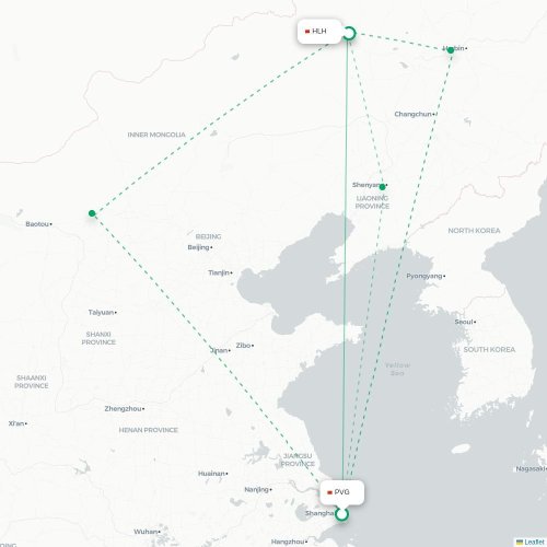 Mapa de vuelo directo Shangai - Hinggan