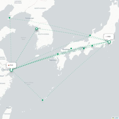 Mapa lotu bezpośredniego Szanghaj – Tokio