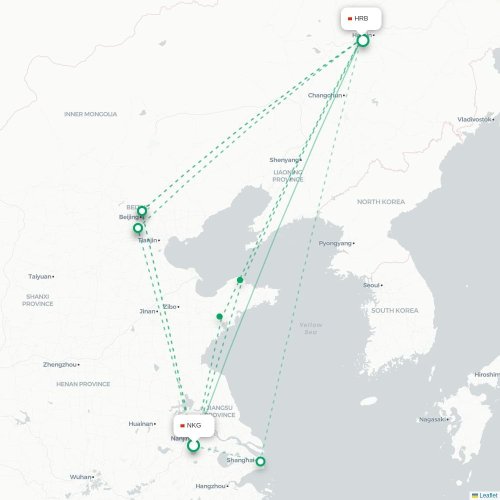 Mapa lotu bezpośredniego Szanghaj – Harbin