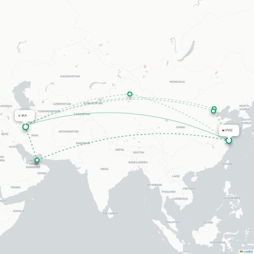 Mapa lotu bezpośredniego Szanghaj – Teheran