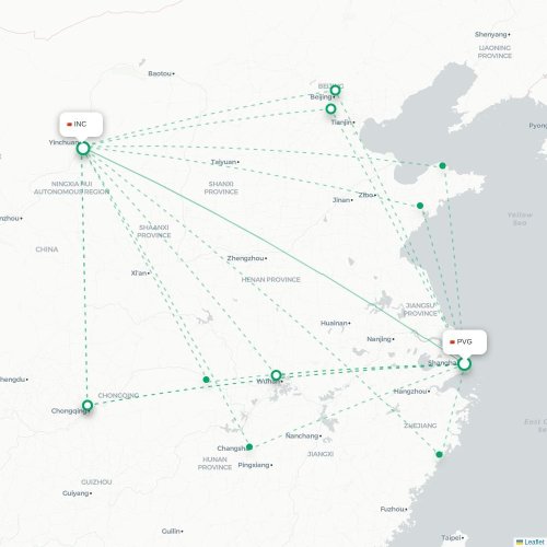 Mapa de vuelo directo Shangai - Yinchuan