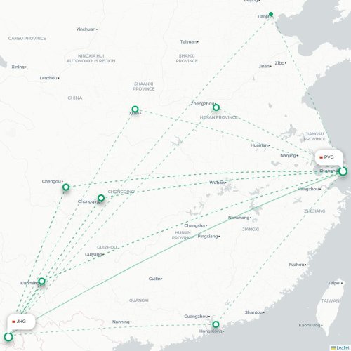 Mapa lotu bezpośredniego Szanghaj – Xishuangbanna