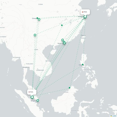 Mapa lotu bezpośredniego Szanghaj – Kuala Lumpur